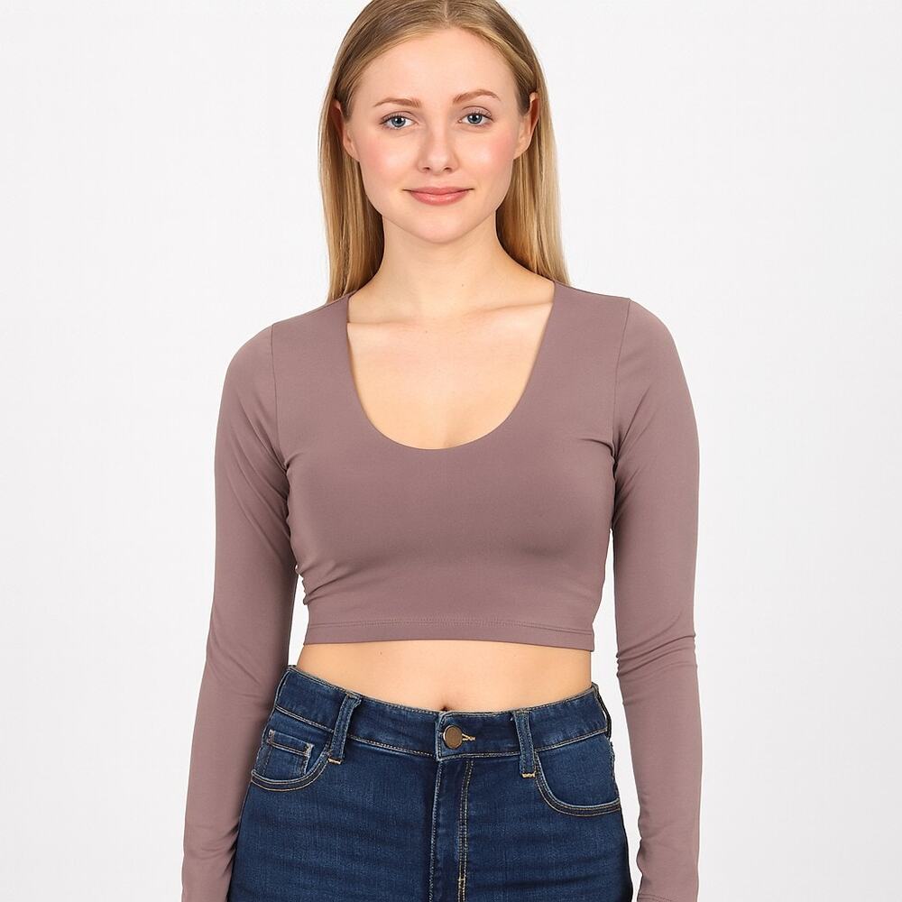 House of Harlow 1960 Long-Sleeve Deep Scoop Neck Crop Top - Small, Taupe (NWOT)